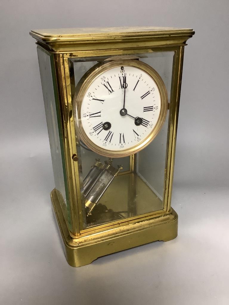 A late 19th century French gilt brass four glass mantel clock 26cm